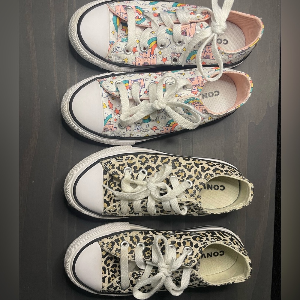 2 pair girls Converse All Star shoes- leopard and castles